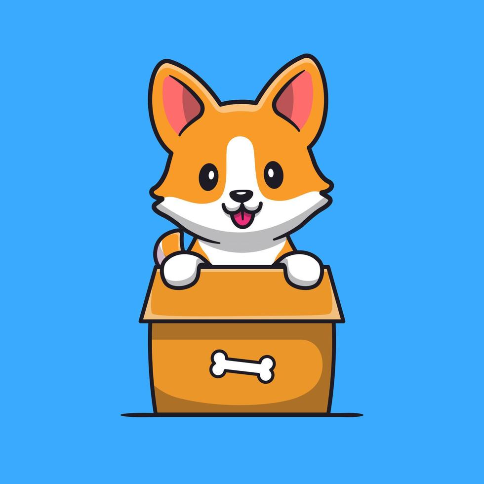 Cute Corgi Dog Playing In Box Cartoon Vector Icon Illustration. Animal Nature Icon Concept Isolated Premium Vector. Flat Cartoon Style