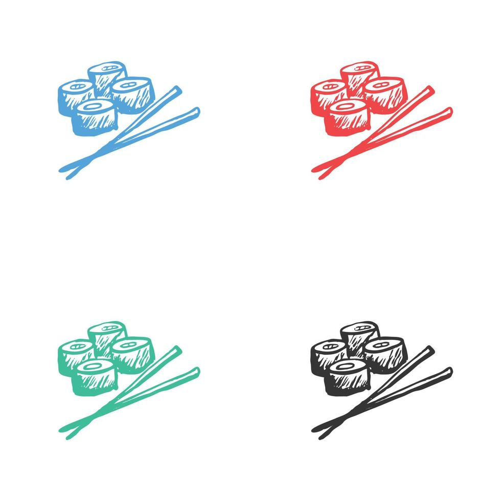 Sushi, Onigiri Salmon Roll icon, Asian Street Fast Food Bar or Shop, Sushi, Maki, Onigiri Salmon Roll with Chopsticks, sushi vector icons in multiple colors