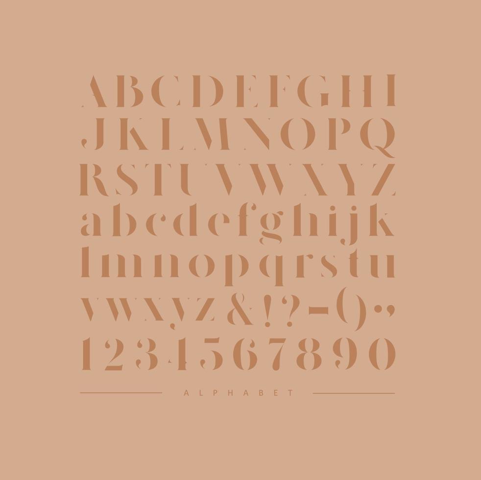 Poster stylish alphabet. Uppercase, lowercase letters and numbers drawing on coffee color background. vector