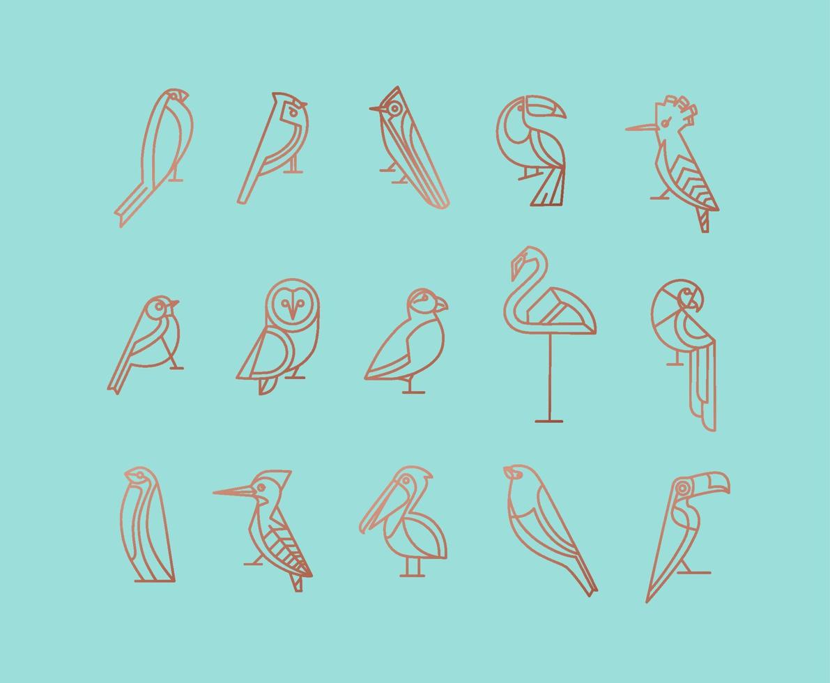 Set of bird icons in vintage art deco flat graphic style drawing on turquoise background vector