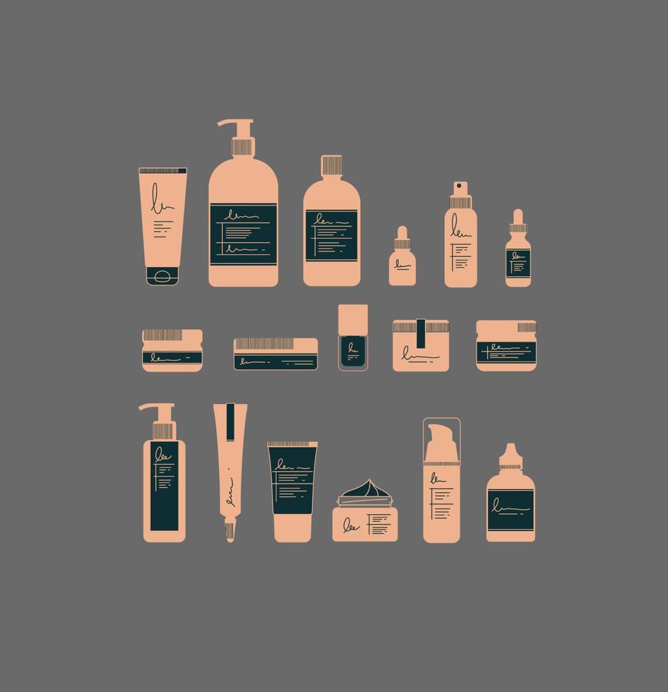 Set of cosmetic bottles in graphic style. Many containers for beauty and fashion products drawing on gray background vector