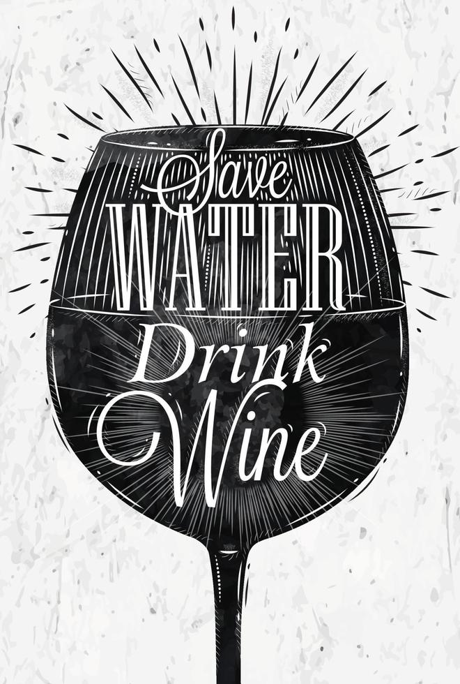 póster vino vaso restaurante en retro Clásico estilo letras salvar agua bebida vino en negro y blanco gráficos vector