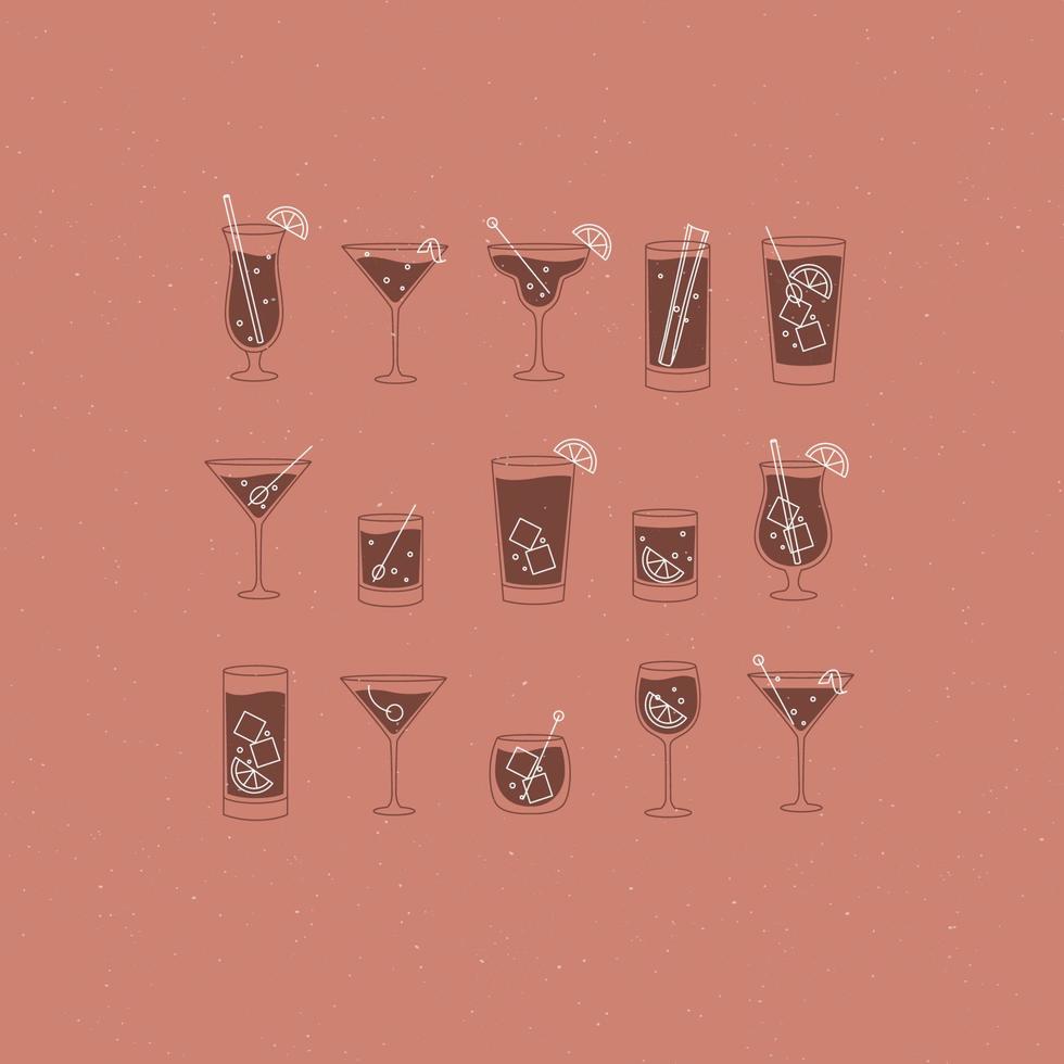 alcohol bebidas y cócteles icono conjunto en plano línea estilo en coral antecedentes. vector