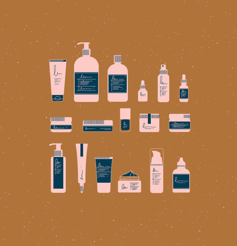 conjunto de cosmético botellas en gráfico estilo. muchos contenedores para belleza y Moda productos dibujo en mostaza antecedentes vector