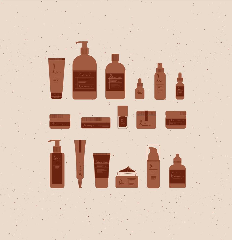 Set of cosmetic bottles in graphic style. Many containers for beauty and fashion products drawing on beige background vector