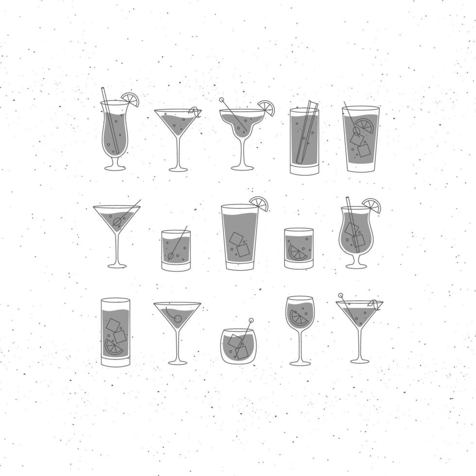 Alcohol drinks and cocktails icon set in flat line style on white background. vector