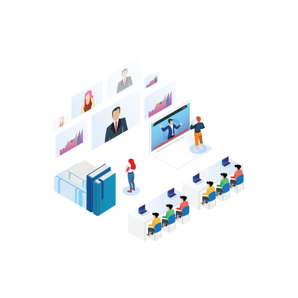 Modern Technology Isometric Smart Online Webinar Training Technology Illustration in White Isolated Background With People and Digital Related Asset vector