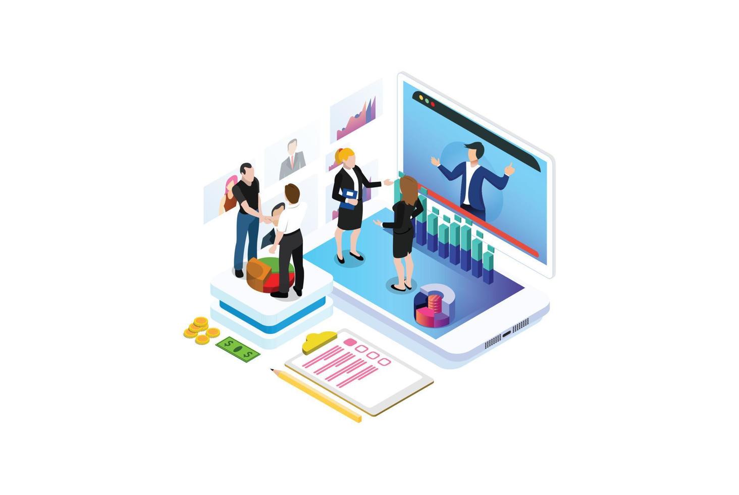 Modern isometric graph analysis and online data processing. online based vector illustration Suitable for Diagrams, Infographics, Game Asset, And Other Graphic Related Assets