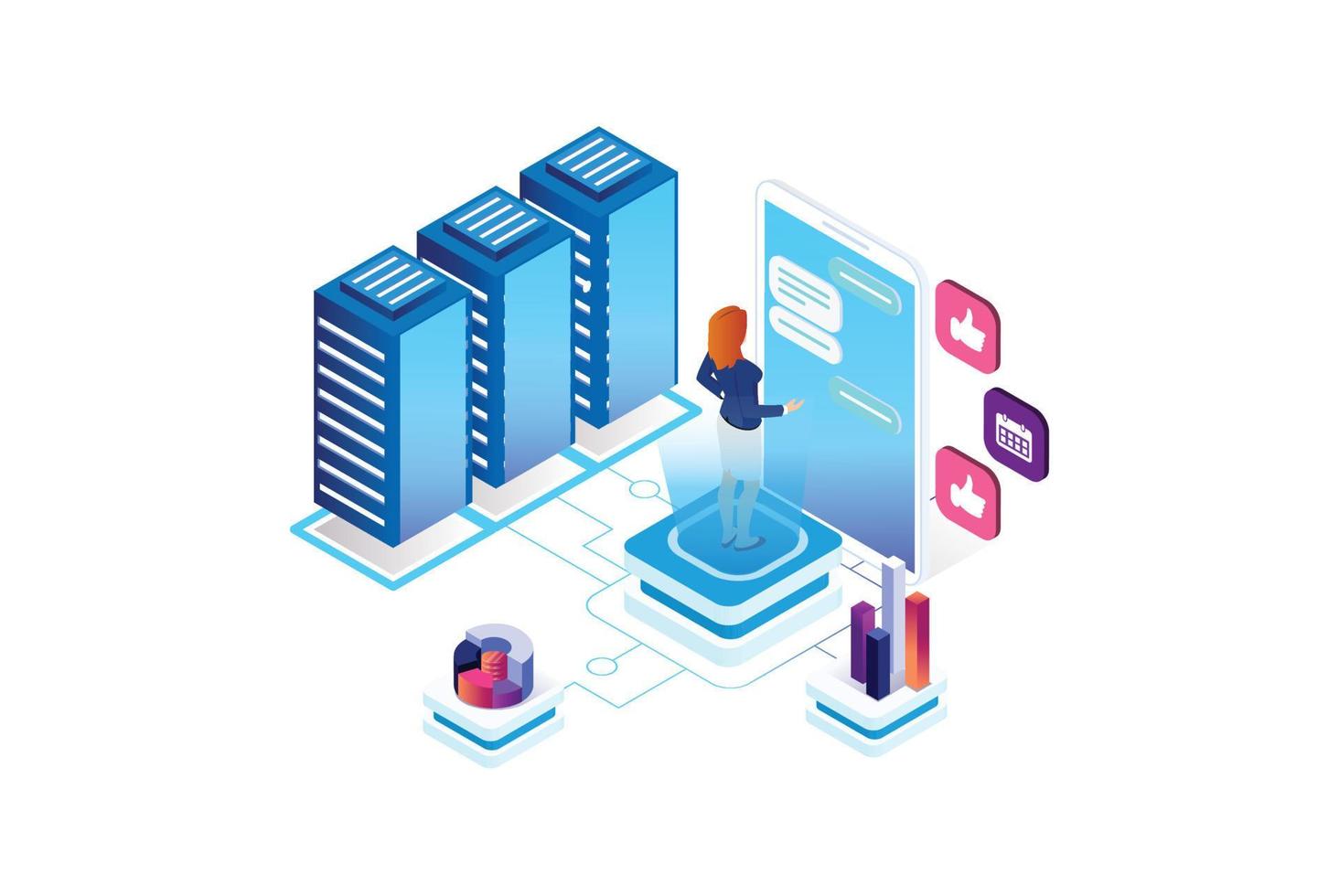 Modern Isometric programmer working in a software develop company office. Developing programming and coding technologies concept. UX UI User Interface and User eXperience Process. vector