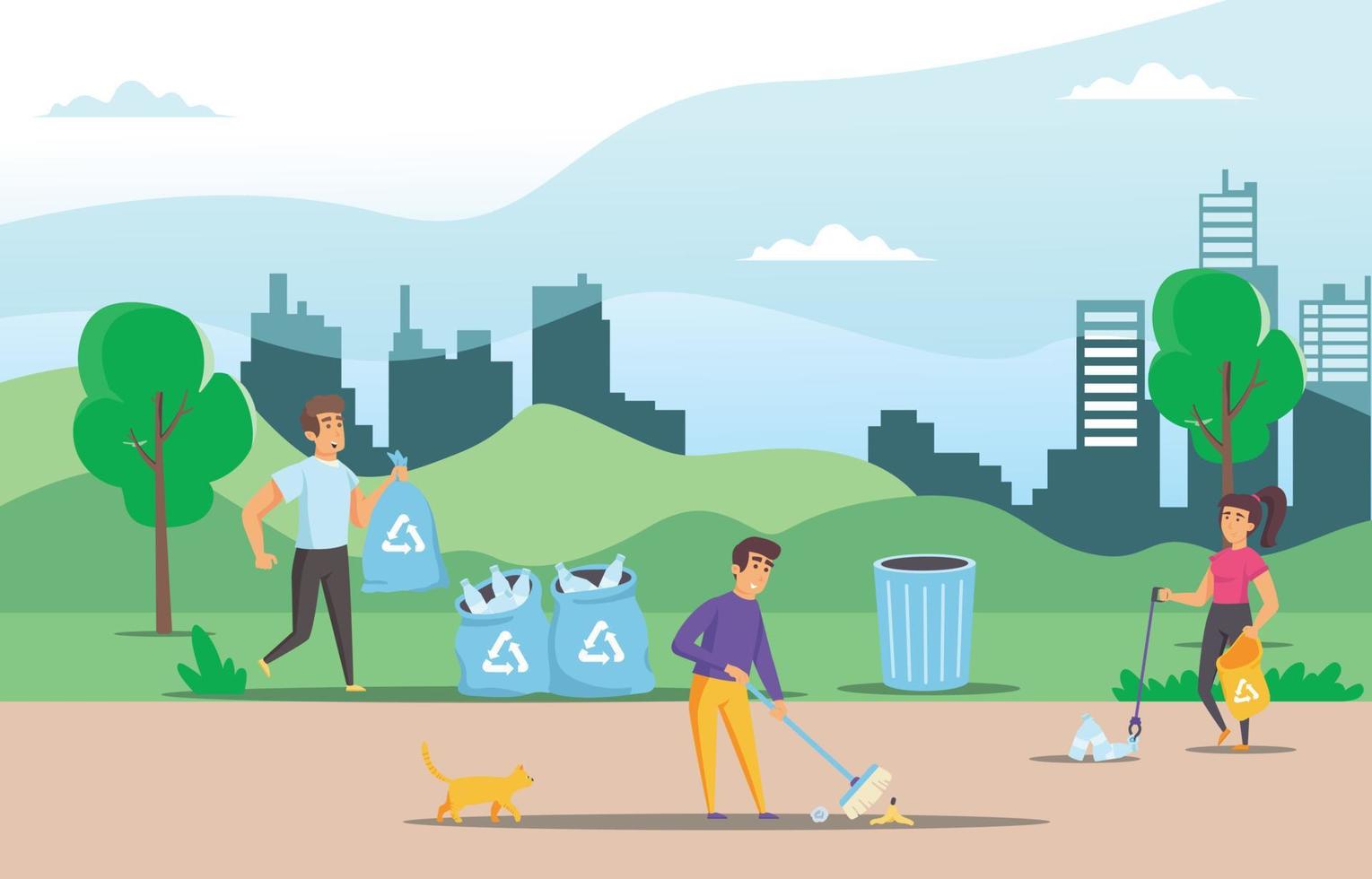 ilustración personas recoger y ordenar basura en ciudad parque vector plano ilustración. hombres y mujer tomando cuidado de el planeta por coleccionar residuos en bolsas. adecuado para diagramas, infografía, juego activo