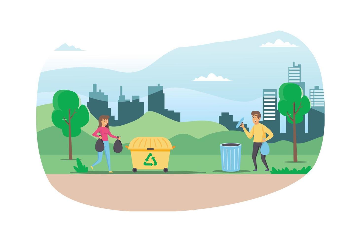 Illustration People collect and sort garbage in city park vector flat illustration. Men and woman taking care of the planet by collecting waste in bags. Suitable for Diagrams, Infographic, Game Asset