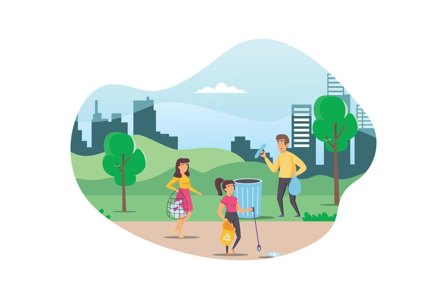 ilustración personas recoger y ordenar basura en ciudad parque vector plano ilustración. hombres y mujer tomando cuidado de el planeta por coleccionar residuos en bolsas. adecuado para diagramas, infografía, juego activo