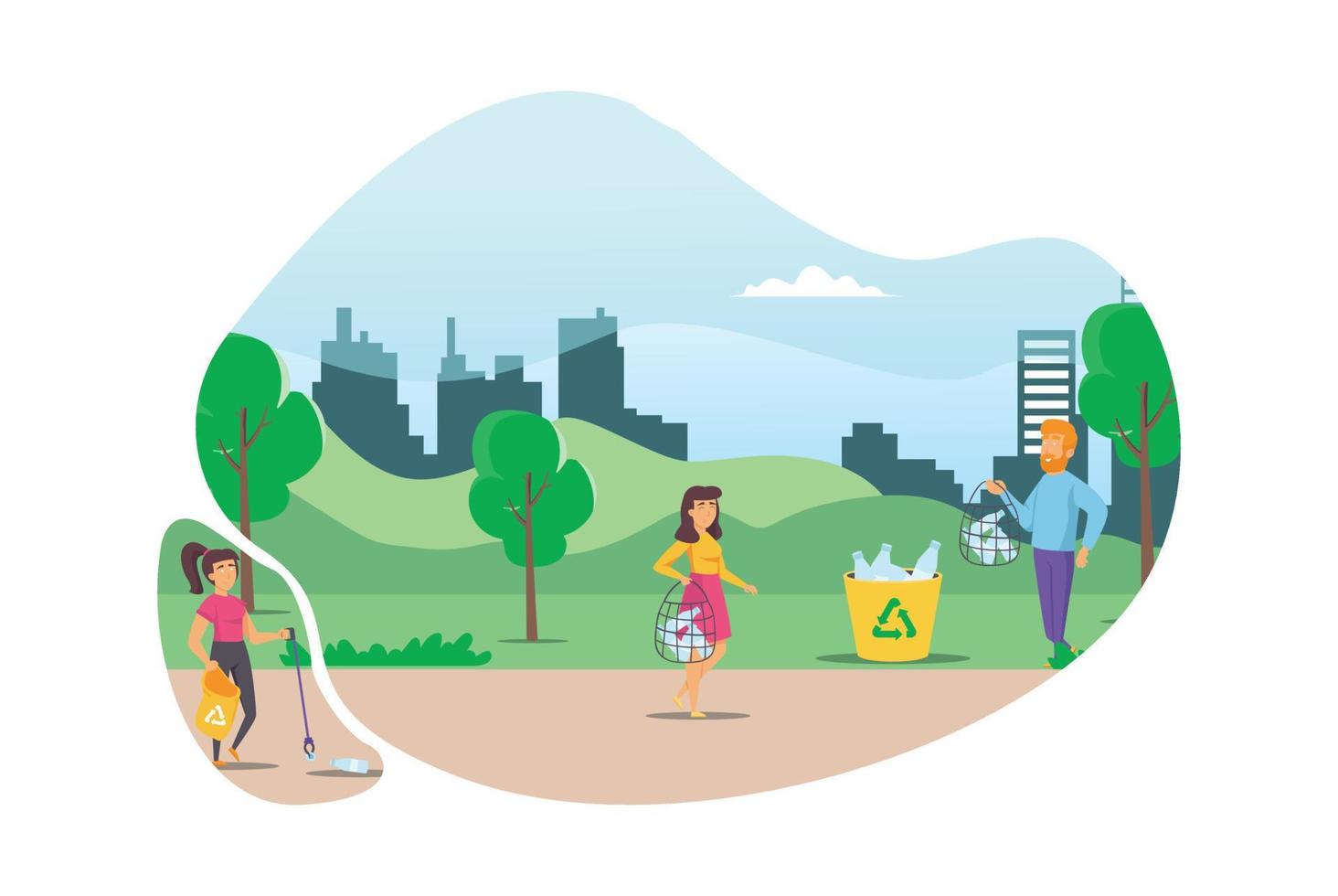 Illustration People collect and sort garbage in city park vector flat illustration. Men and woman taking care of the planet by collecting waste in bags. Suitable for Diagrams, Infographic, Game Asset
