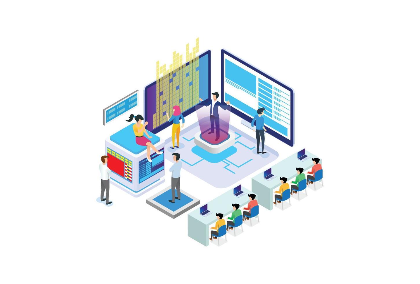 Modern Isometric Smart Online Webinar Training Technology with Hologram People in cloud Illustration, in White Isolated Background With People and Digital Related Asset vector