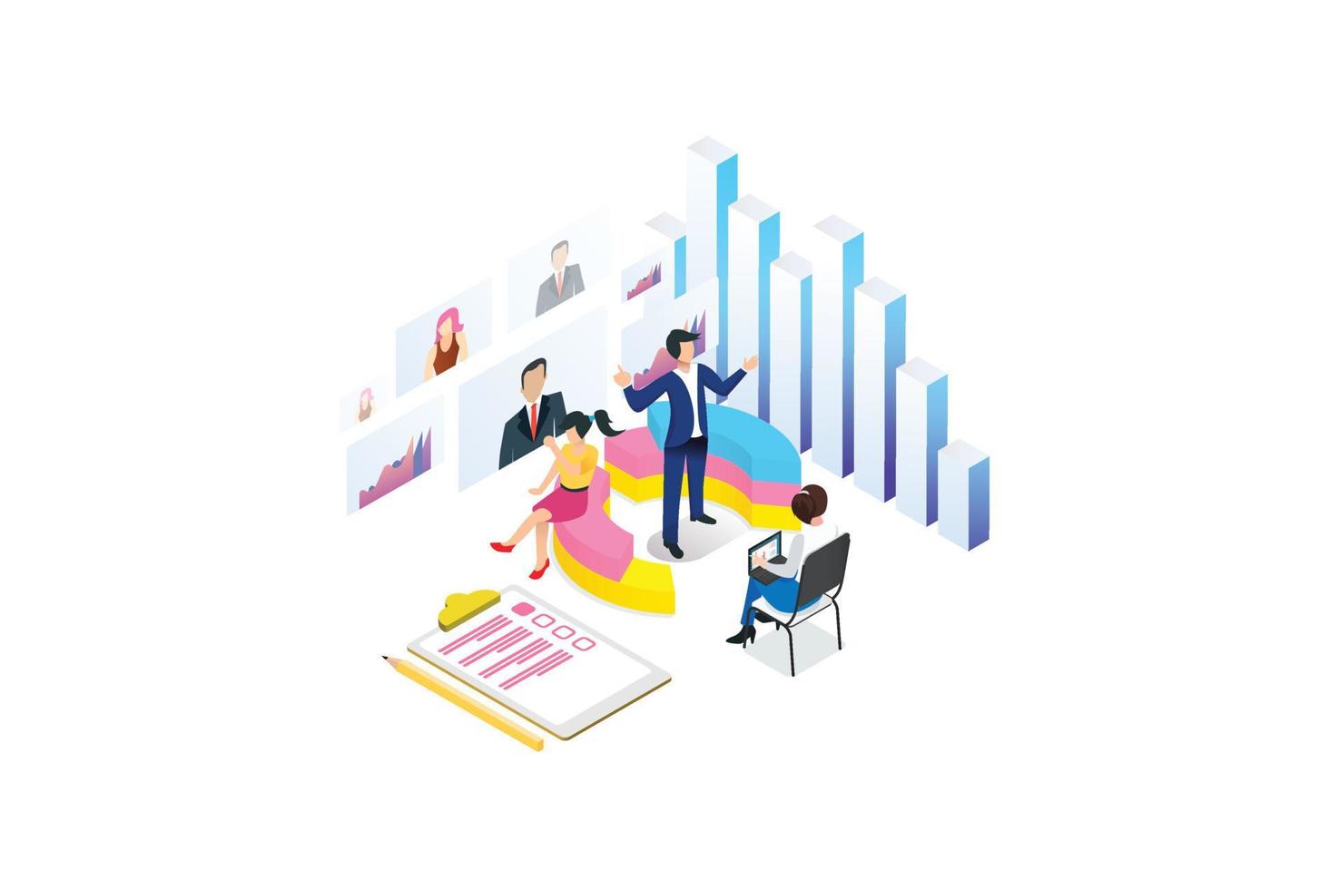 Modern isometric graph analysis and online data processing. online based vector illustration Suitable for Diagrams, Infographics, Game Asset, And Other Graphic Related Assets