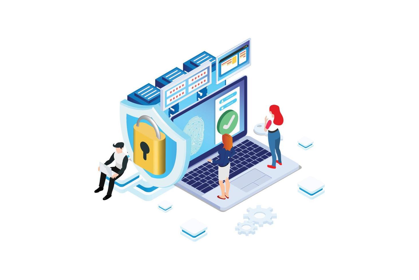 Modern Isometric Online administrator, web hosting concept. Technician repair software. Hardware protection share infographic. Store safe server. Suitable for Diagrams, Game Asset, And Other asset vector