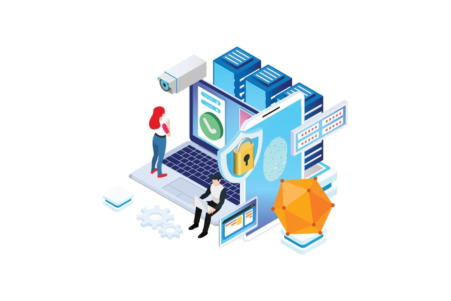 Modern Isometric protect data and confidentiality. Safety and confidential data protection, concept with character saving code and check access. Flat isometric vector illustration