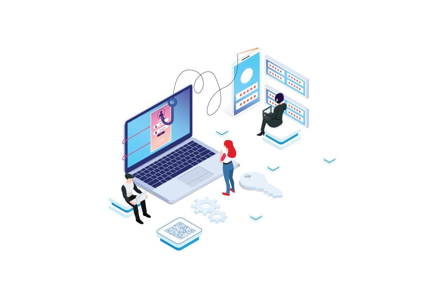 Isometric activity Phishing via internet concept illustration. Email spoofing or fishing messages. Hacking credit card or personal information website. Cyber banking account attack. Online security. vector