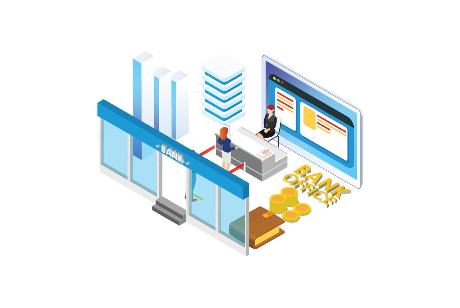 Bank Office Reception Service meeting Client Isometric People work Suitable for Diagrams, Infographics, Book Illustration, Game Asset, And Other Graphic Related Assets in isolated white background vector