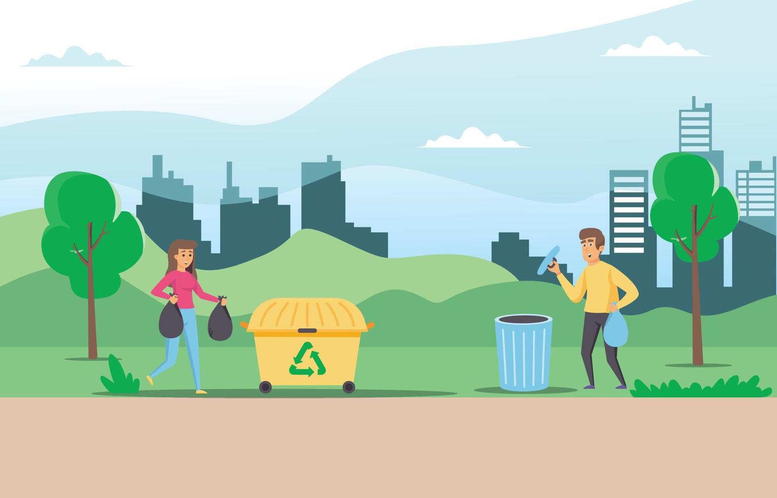 ilustración personas recoger y ordenar basura en ciudad parque vector plano ilustración. hombres y mujer tomando cuidado de el planeta por coleccionar residuos en bolsas. adecuado para diagramas, infografía, juego activo