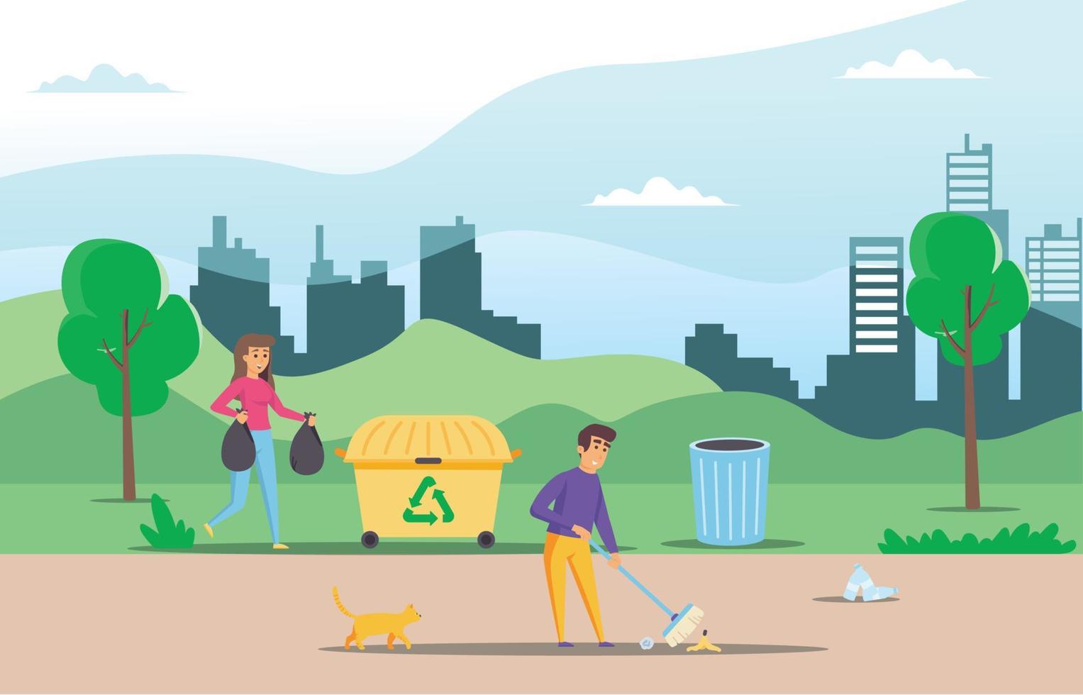 ilustración personas recoger y ordenar basura en ciudad parque vector plano ilustración. hombres y mujer tomando cuidado de el planeta por coleccionar residuos en bolsas. adecuado para diagramas, infografía, juego activo