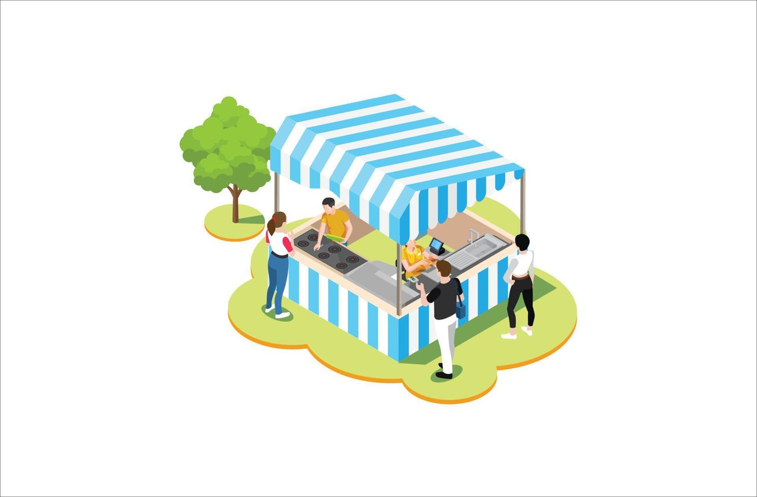 Modern Isometric Product Local market. Farmers selling healthy natural farming products in containers outdoor store with vegetables and fruits vector isometric concept. Suitable for Graphic Asset