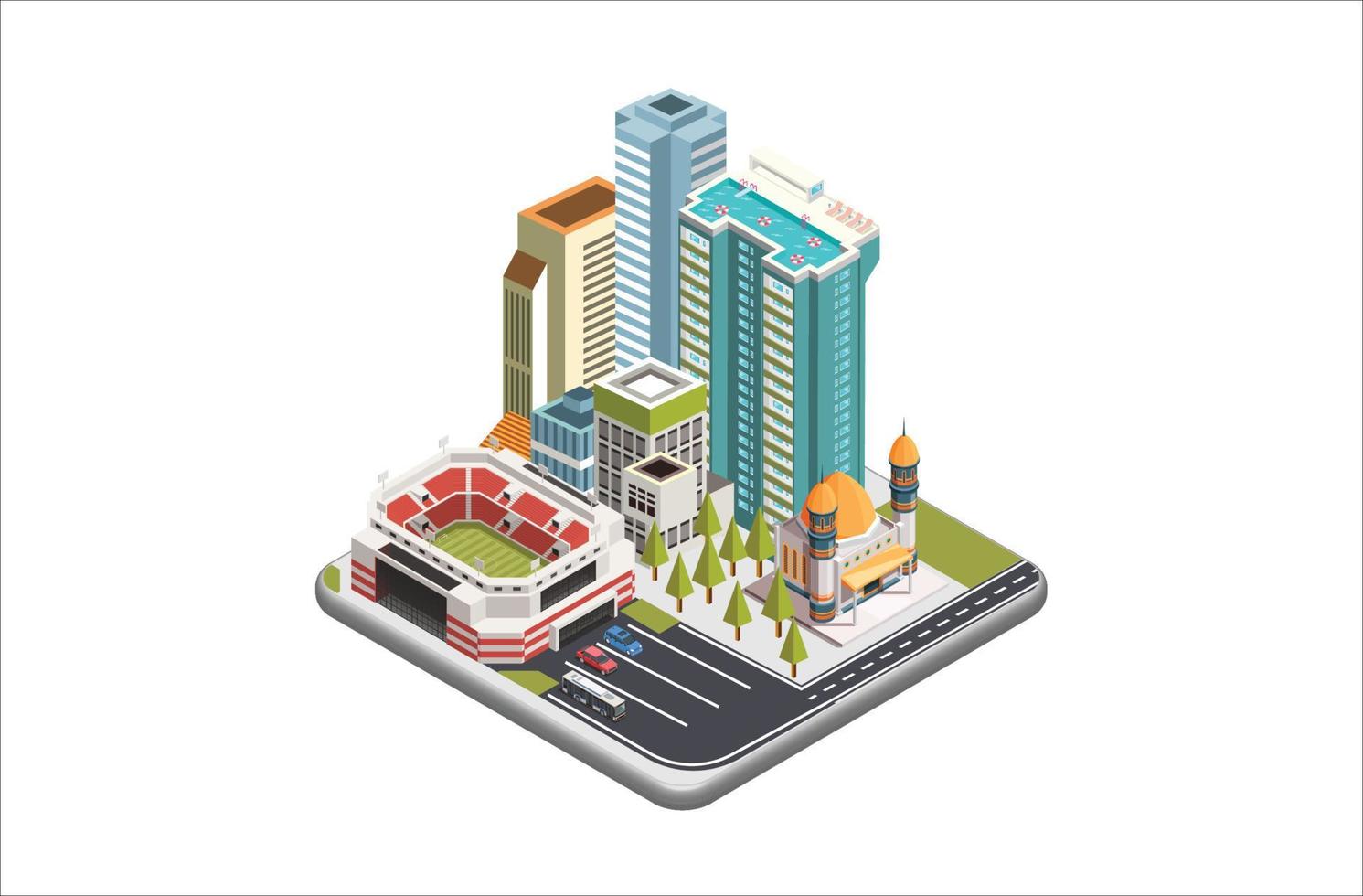 moderno isométrica vector ciudad con rascacielos, gente, calles y vehículos, comercial y negocio zona infografía con iconos, adecuado para diagramas, infografía, y otro gráfico relacionado bienes