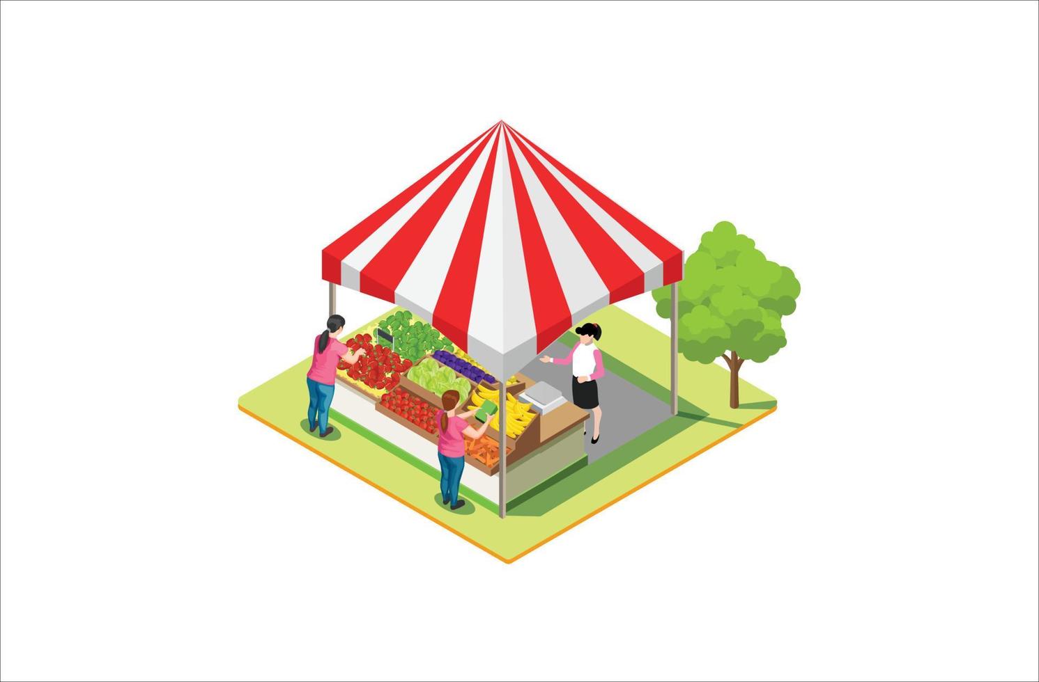 Modern Isometric Product Local market. Farmers selling healthy natural farming products in containers outdoor store with vegetables and fruits vector isometric concept. Suitable for Graphic Asset