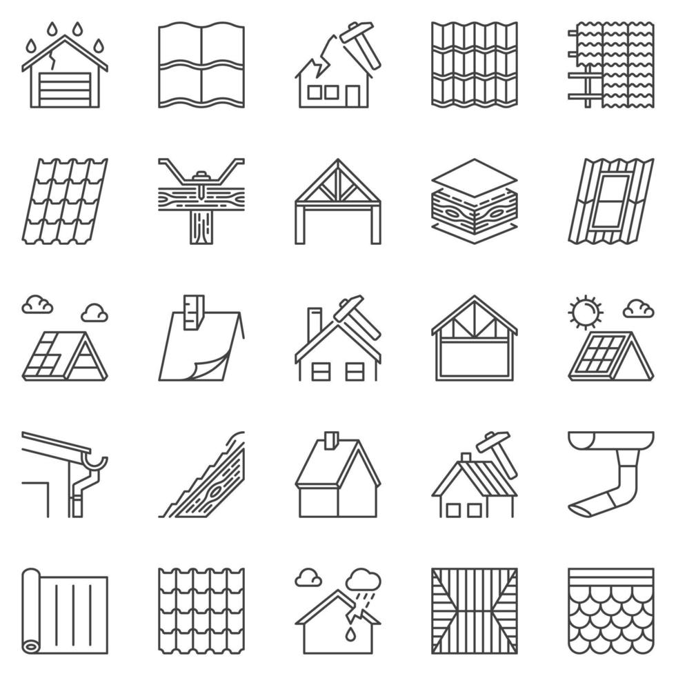 Roof Repair outline icons set - Housetop and Roofing vector signs