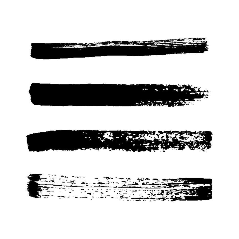 Black grunge brush strokes. Set of four painted ink stripes. Ink spot isolated on white background. Vector illustration