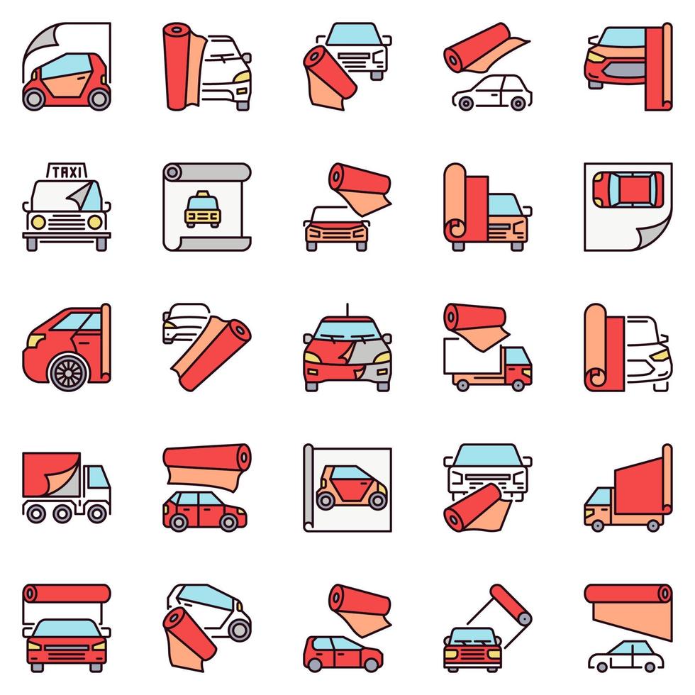 Vehicle Wrapping colored icons set. Car Vinyl Wrap vector concept signs