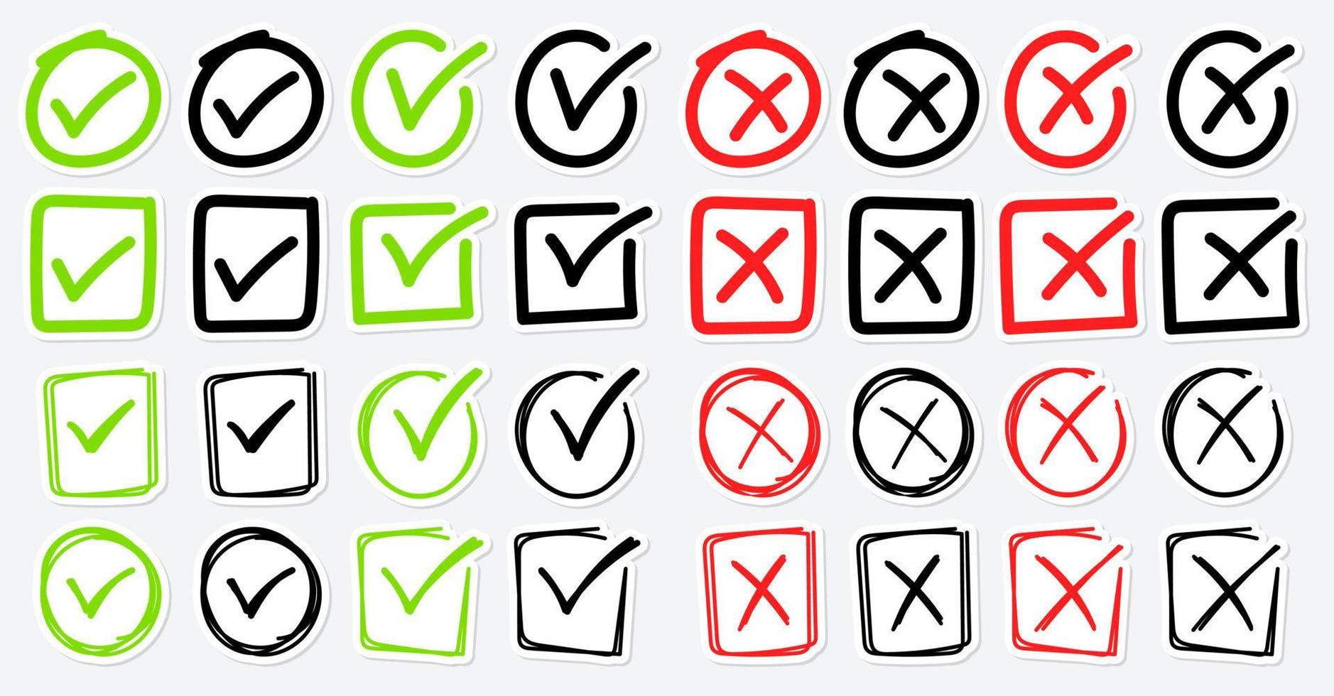 Set of hand drawn Cross Mark and Check Mark vector