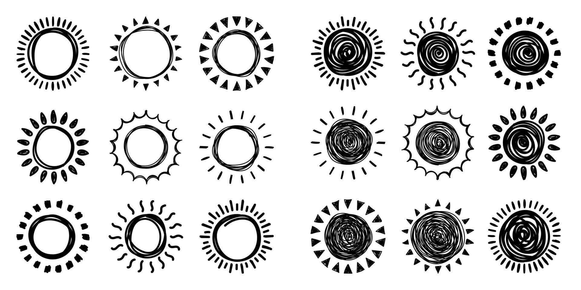 Set of doodle suns sketch, hand drawn style vector