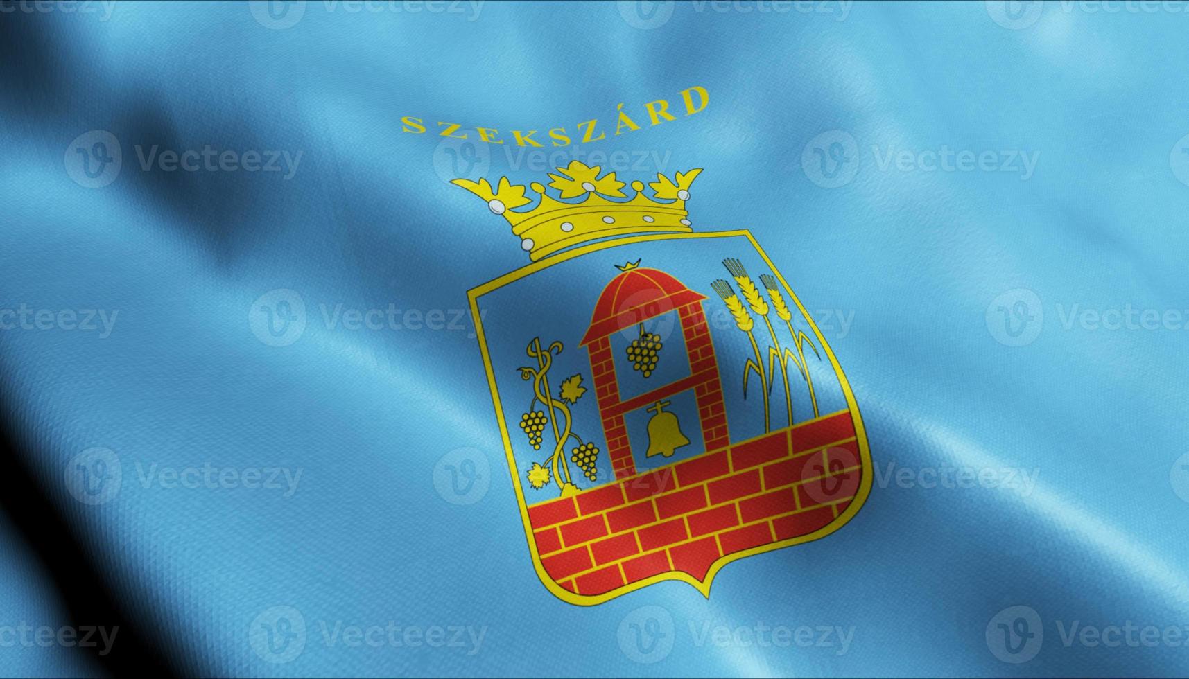 3D Render Waving Hungary City Flag of Szekszard Closeup View photo