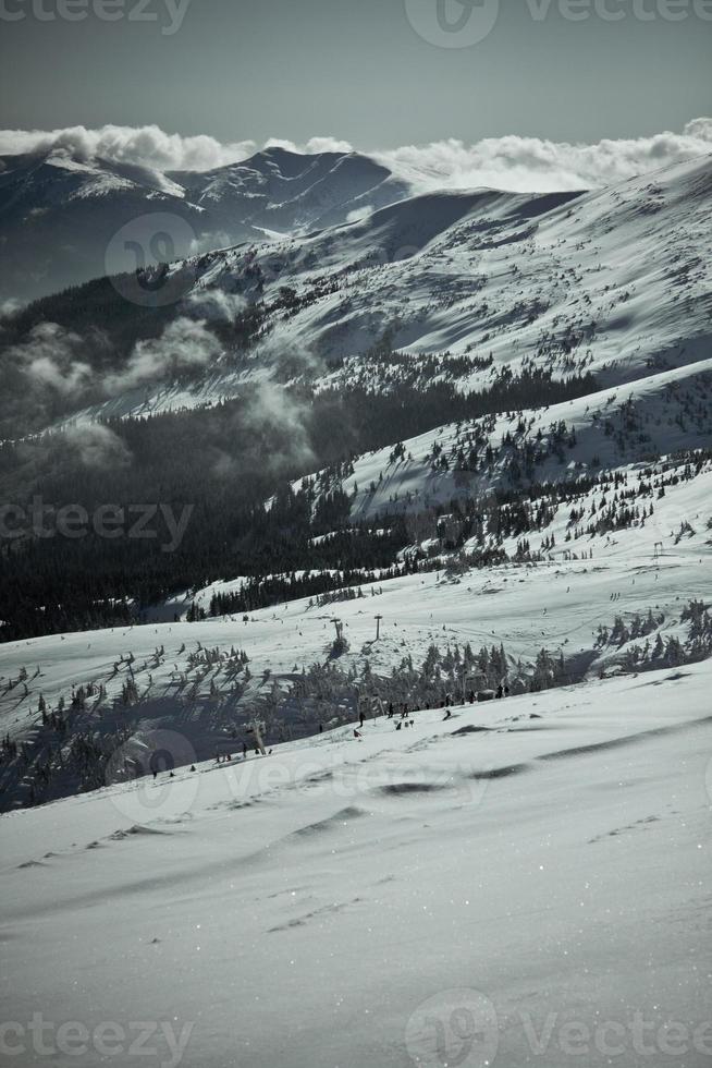 People skiing in ukrainian Carpathian mountains landscape photo