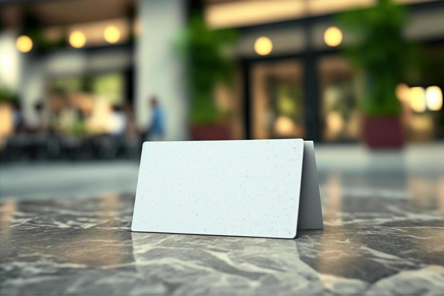 Business card blank for mockup, shopping mall in the background. Corporate Stationery, branding mockup photo