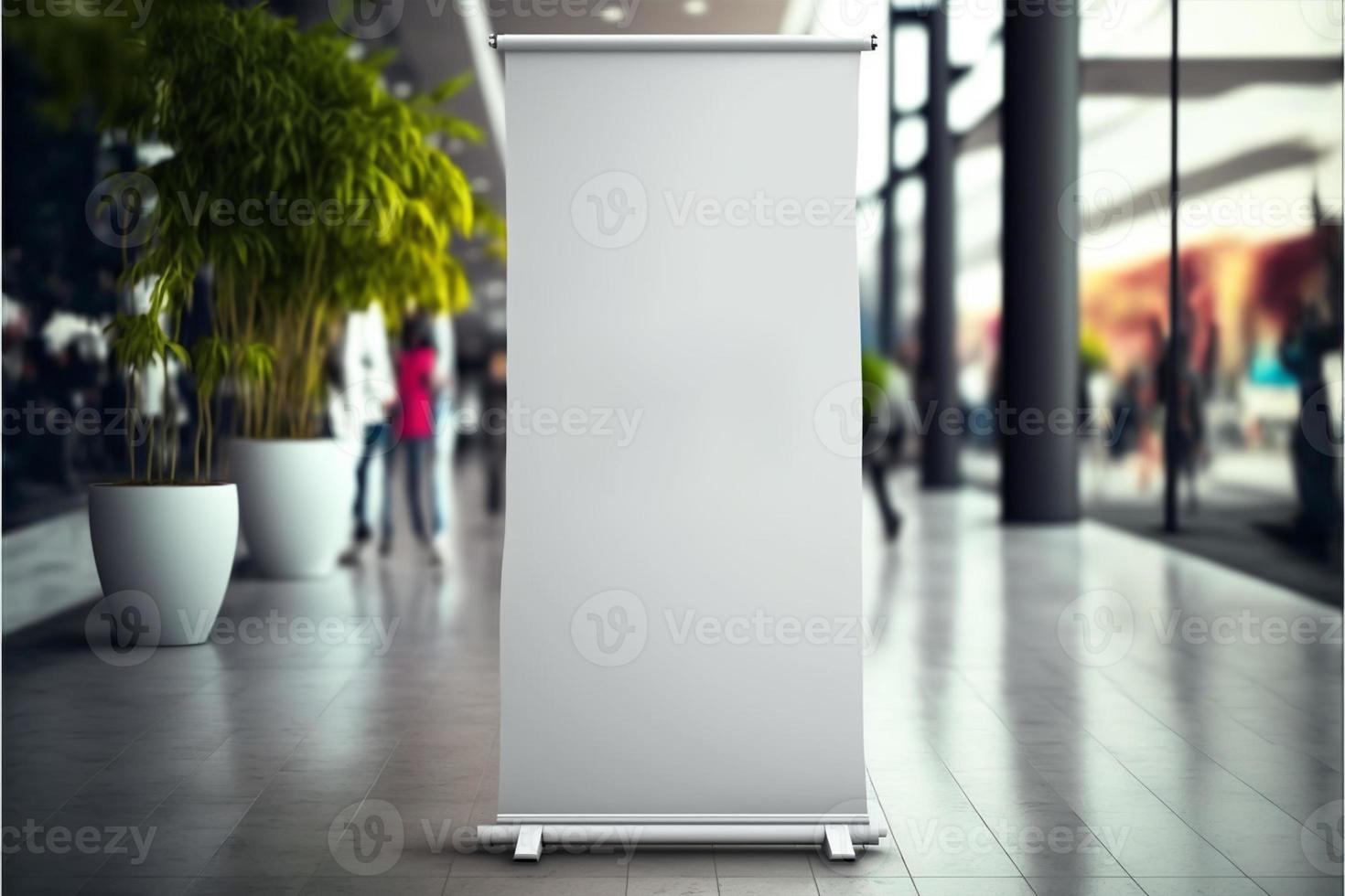 Blank roll up banner design mockup, background blurred public place photo