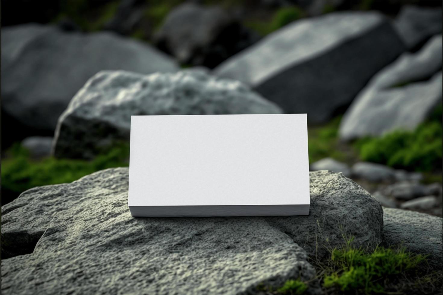 White paper business card, mockup with natural stone and nature background photo
