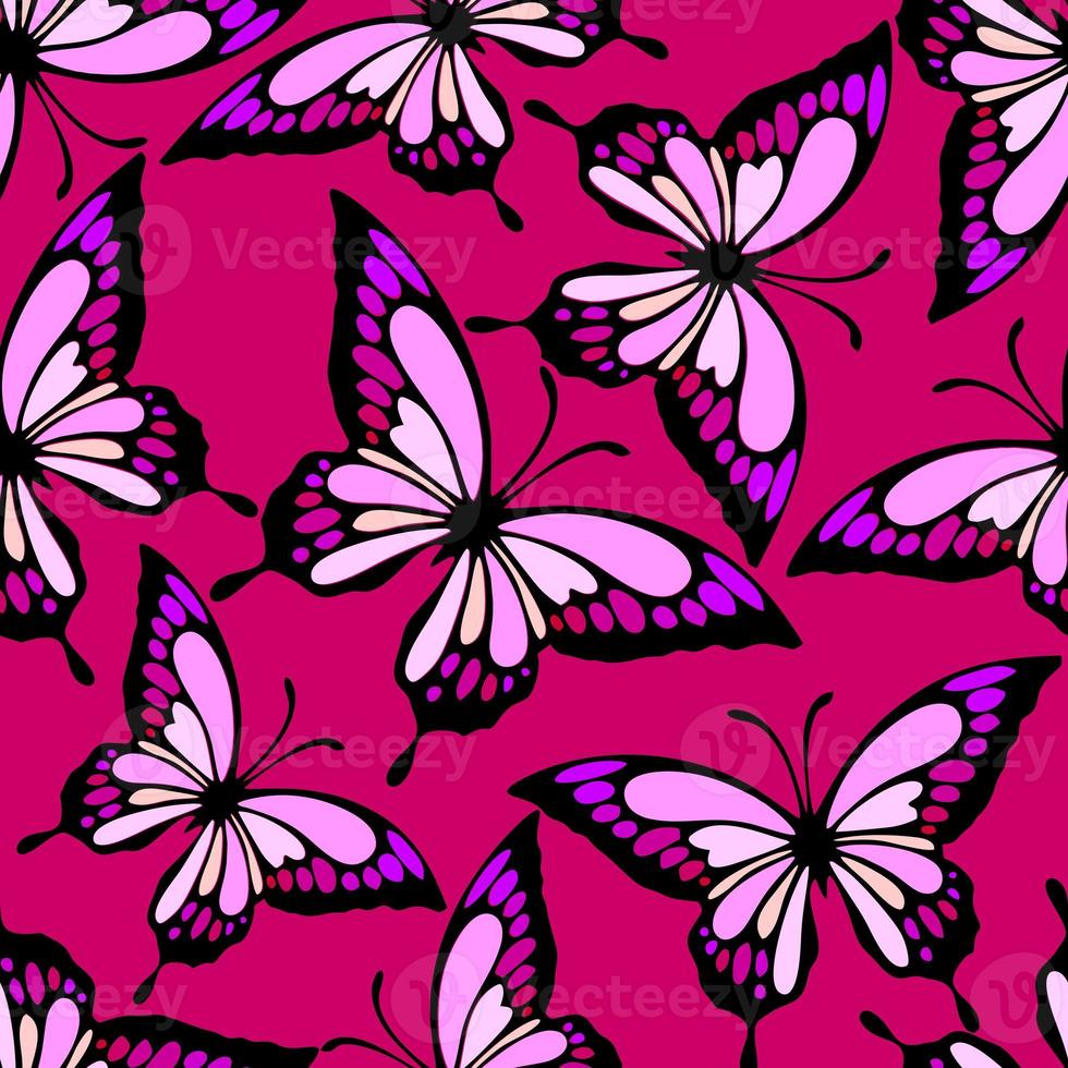 seamless pattern of bright colored butterflies on a purple background, texture, design photo