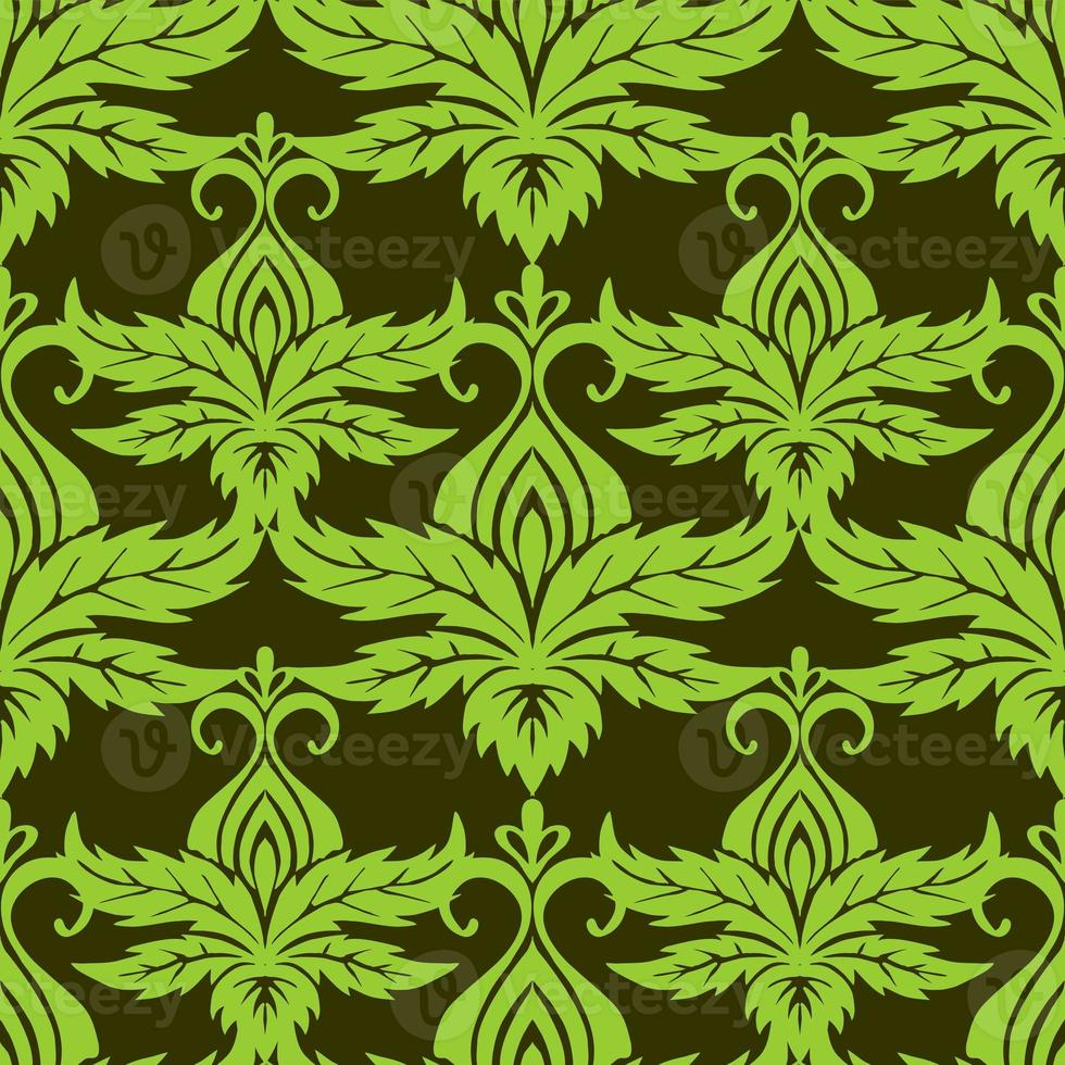 seamless symmetrical pattern of abstract olive plant elements on a green background, texture, design photo