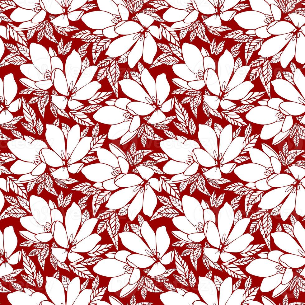 asymmetric seamless floral white contour pattern on a red background, design, background photo