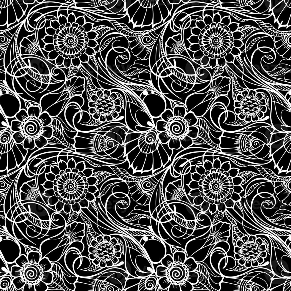 seamless floral pattern, oriental motifs, contour white floral pattern on a black background, texture, background photo