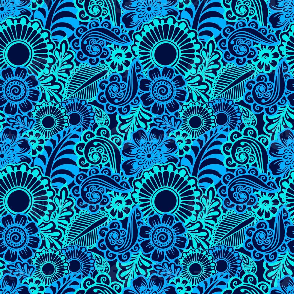 seamless floral graphic pattern of stylized elements in different shades of blue, texture, design photo