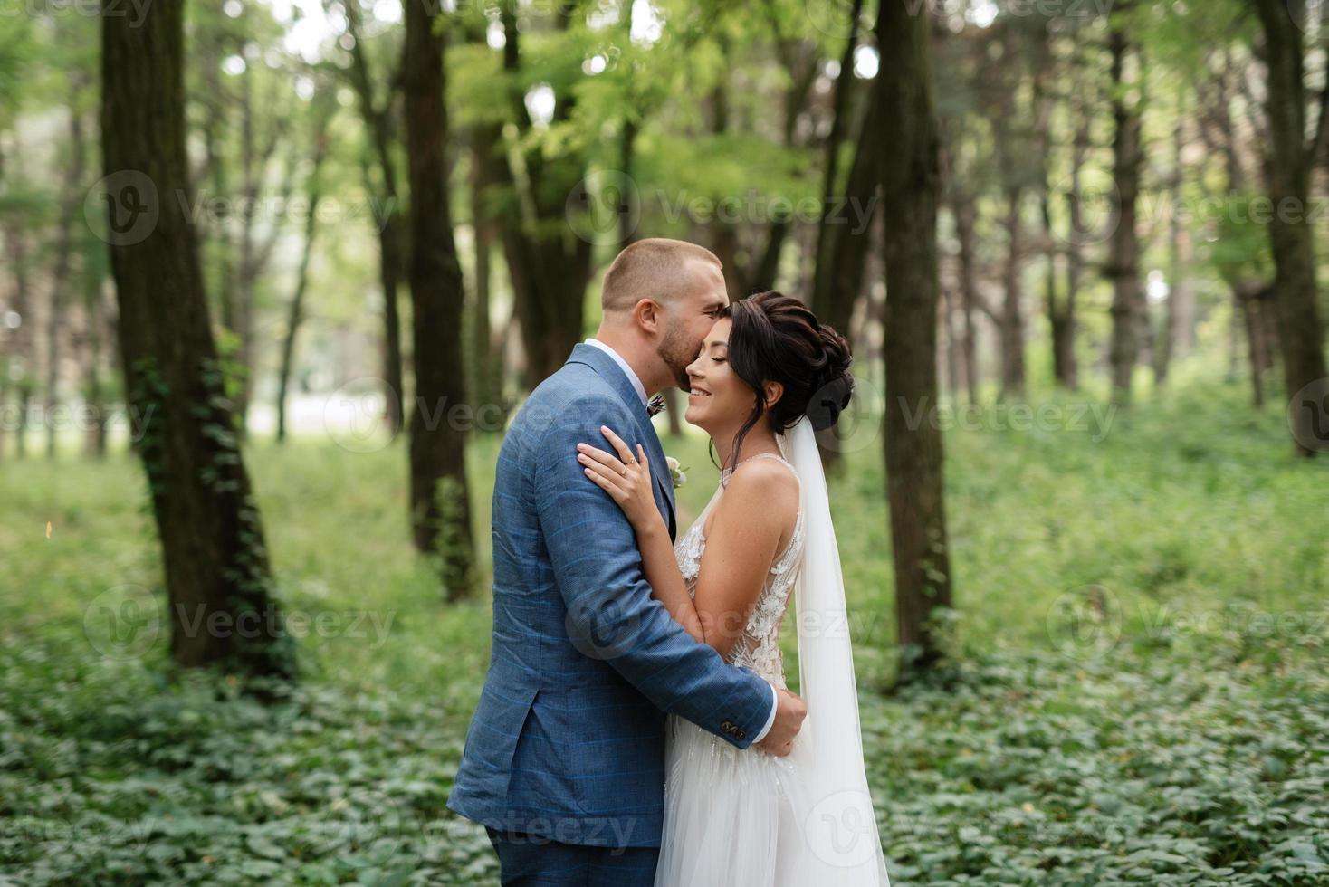 wedding walk of the bride and groom in the deciduous forest in summer photo