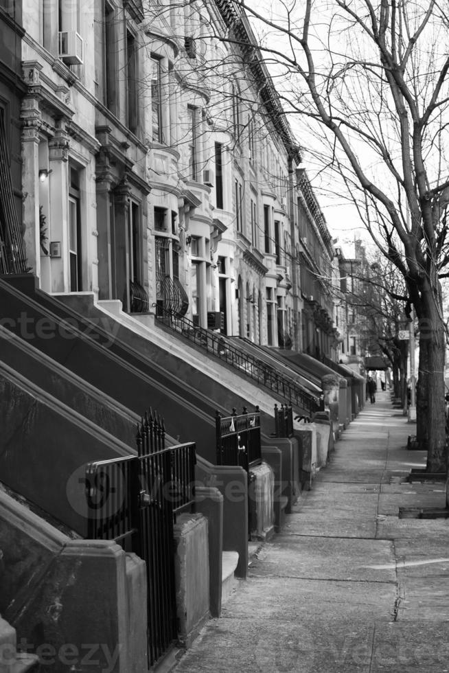 Harlem Perron buildings in black and white photo