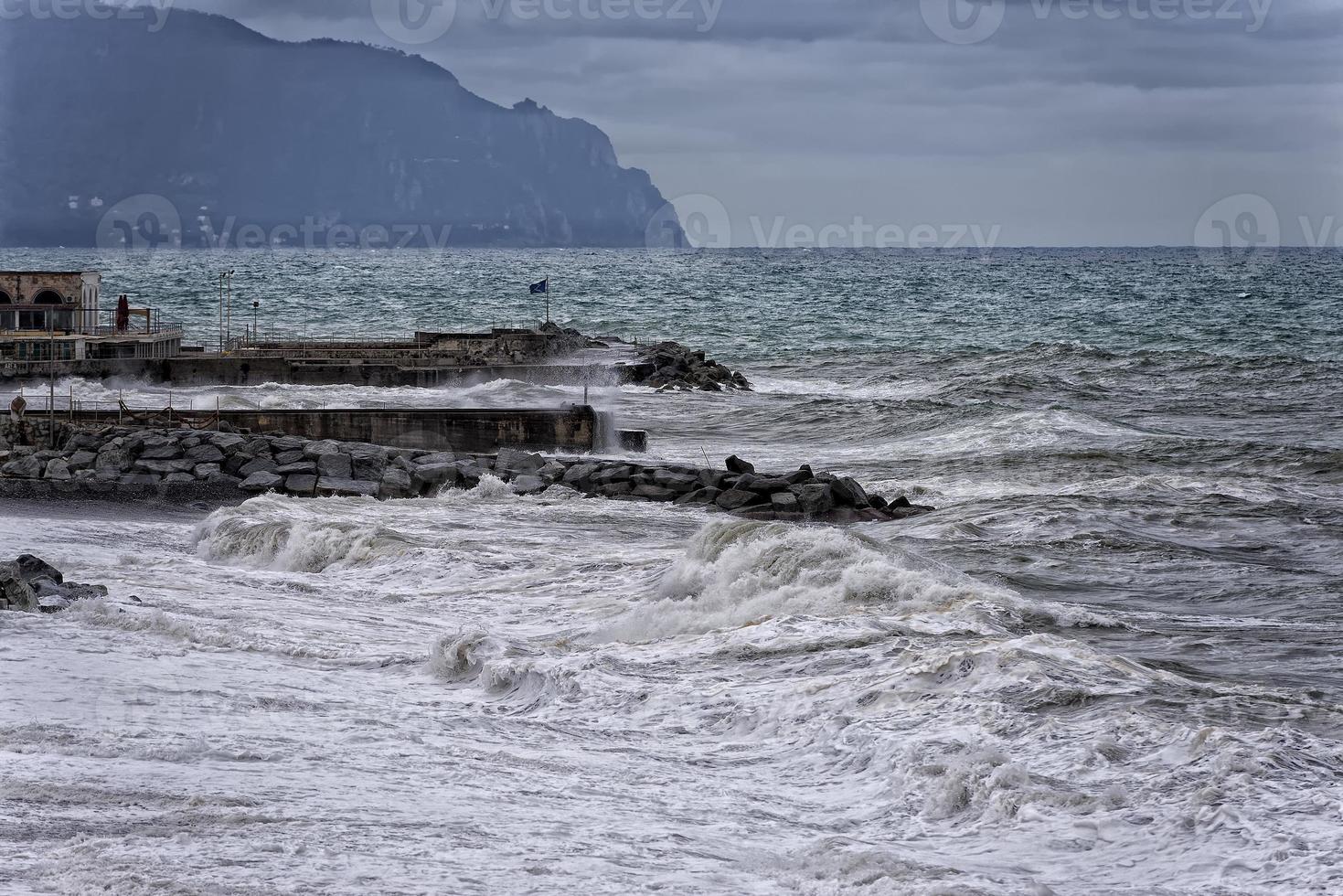 Sea Storm on Genova pictoresque boccadasse village photo