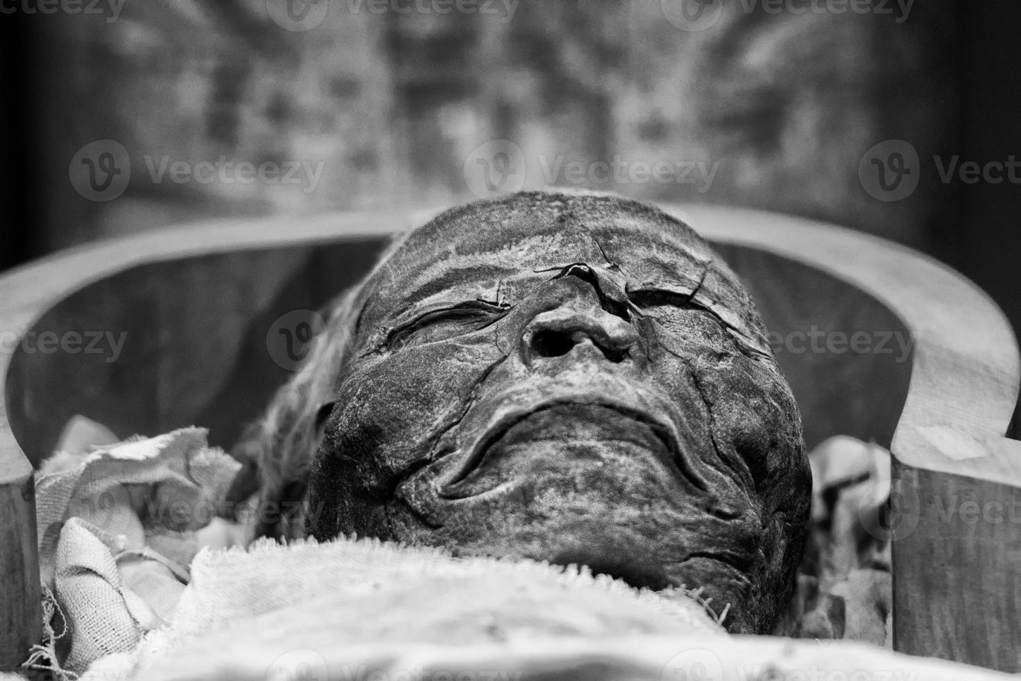 Egyptian mummy in black and white photo