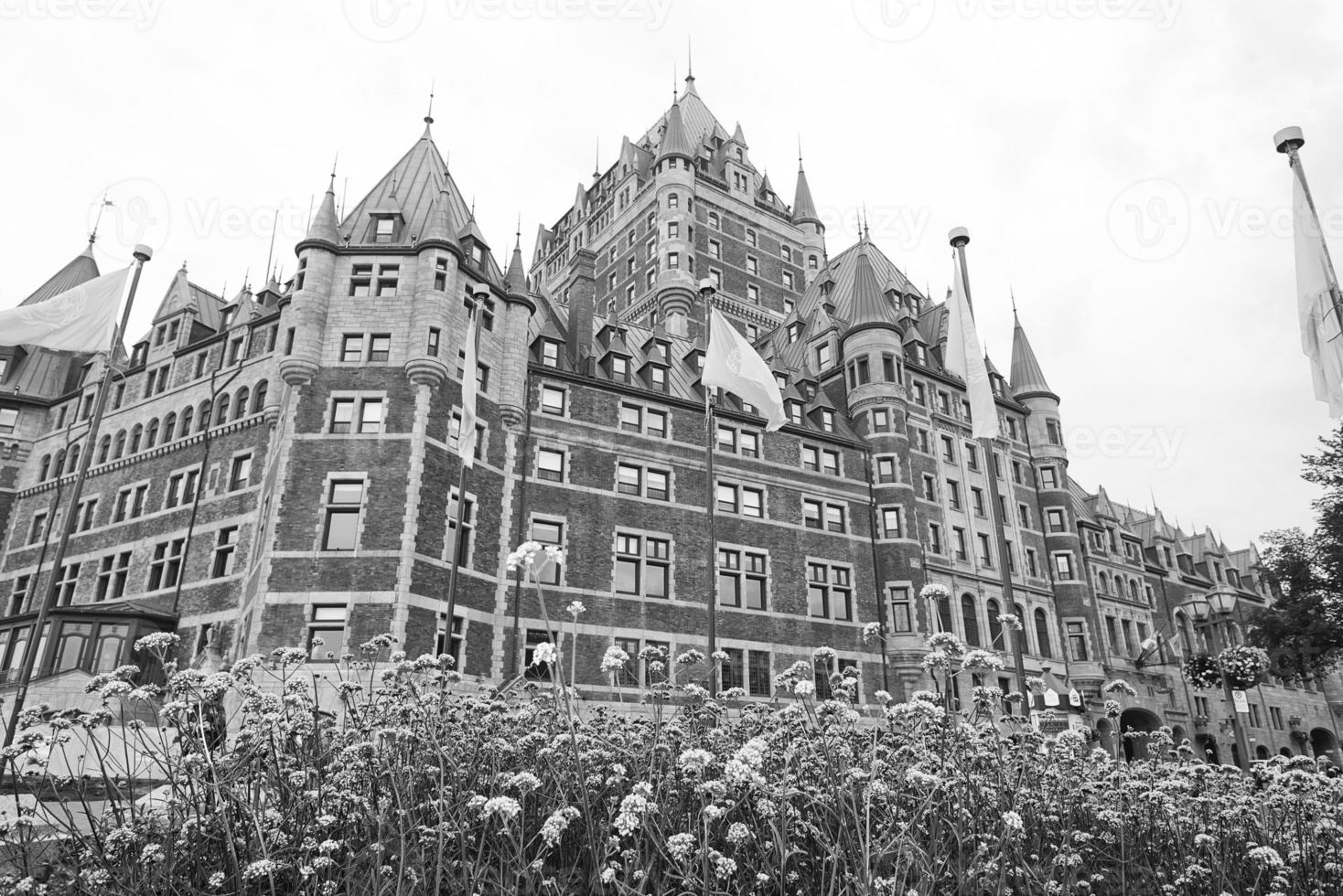 Quebec city castle in black and white photo