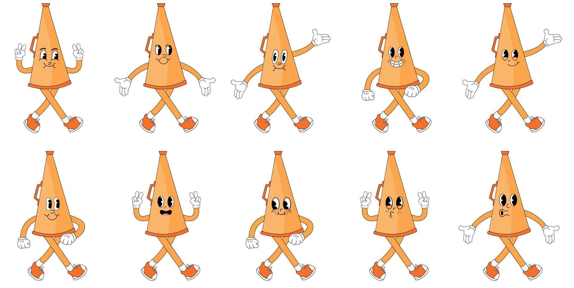 Cartoon retro megafon. film making accessorie character with cute cheerful emotions, hands and legs. Vector cinematography person set