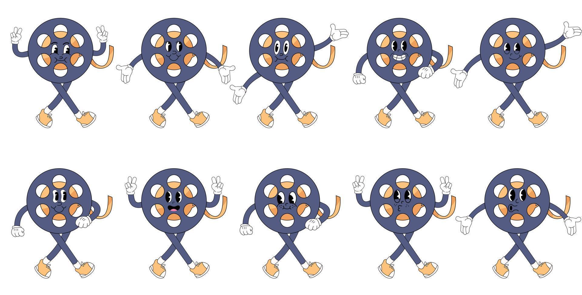 Cartoon cine film. film making accessorie character with cute cheerful emotions, hands and legs. Vector cinematography person set.